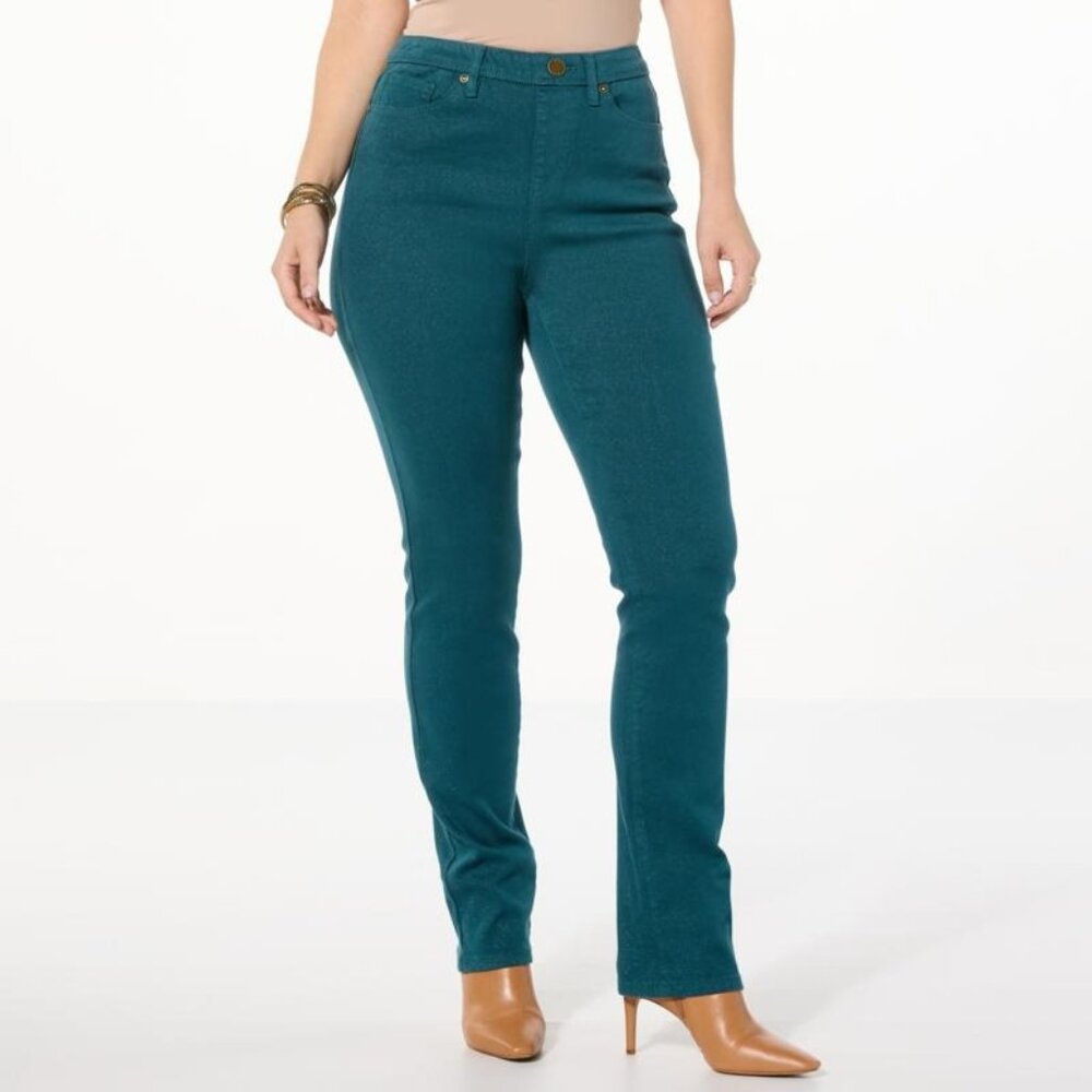 DG2 Diane Gilman Starlight Denim Straight Leg Jean Size 10 Petite Bottle Green